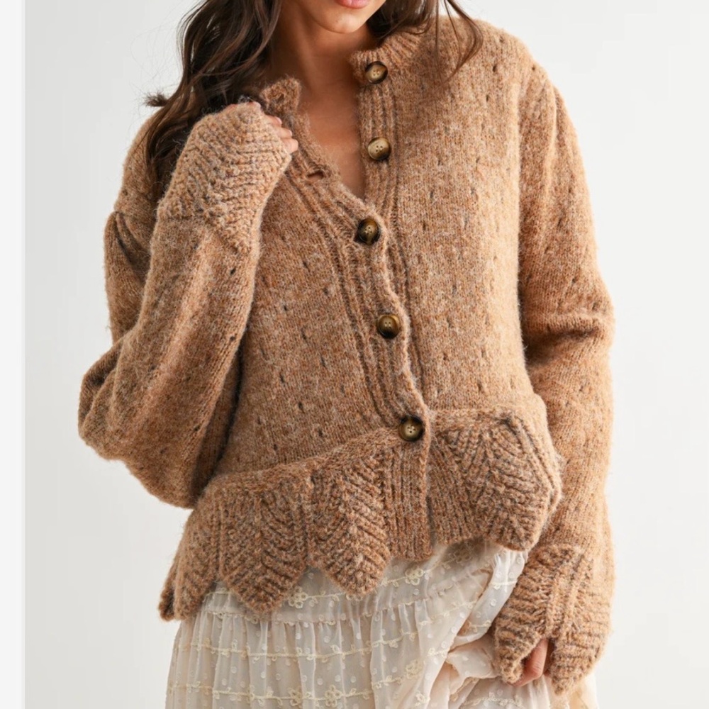 NWOT Camellia Boutique Brand Scallop Edge Tan Peplum Cardigan Sweater Top